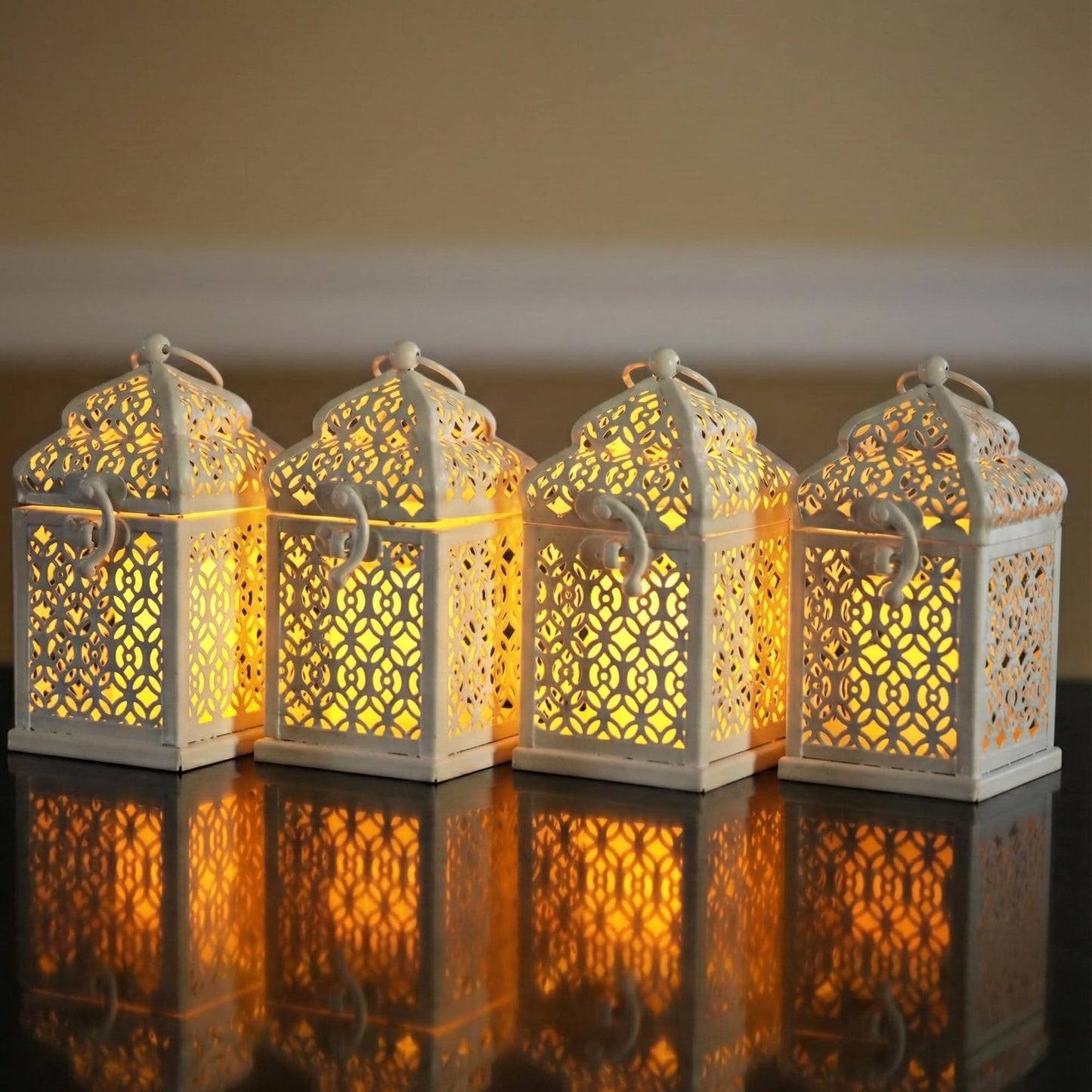 Mini Golden Tower Temple Moroccan Lantern Lamp Decorative Candle Holders for Ramadan Decorations, Hanging, Outdoor Patio or Porch, Indoor Home Decor, Set of 4 - White Mini - PT08