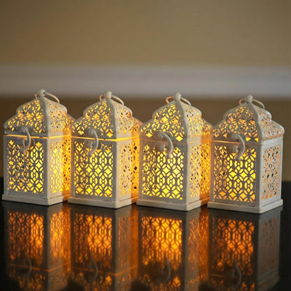 Mini Golden Tower Temple Moroccan Lantern Lamp Decorative Candle Holders for Ramadan Decorations, Hanging, Outdoor Patio or Porch, Indoor Home Decor, Set of 4 - White Mini - PT08