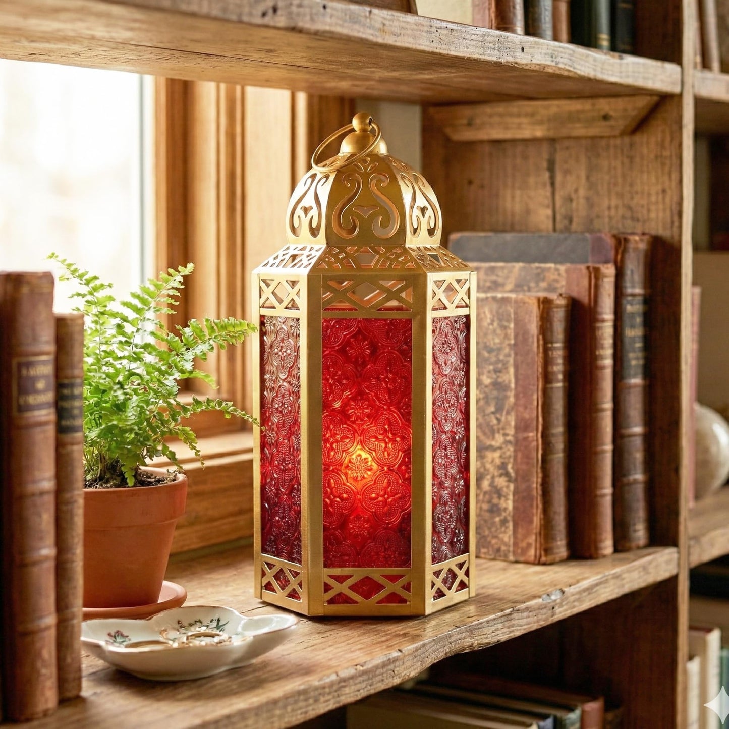 Gold Metal Decorative Moroccan Lantern Candle Holder Lamp - Indoor/Outdoor, Home Decor, Patio, Weddings, Christmas - Gold/Red Large - PT01