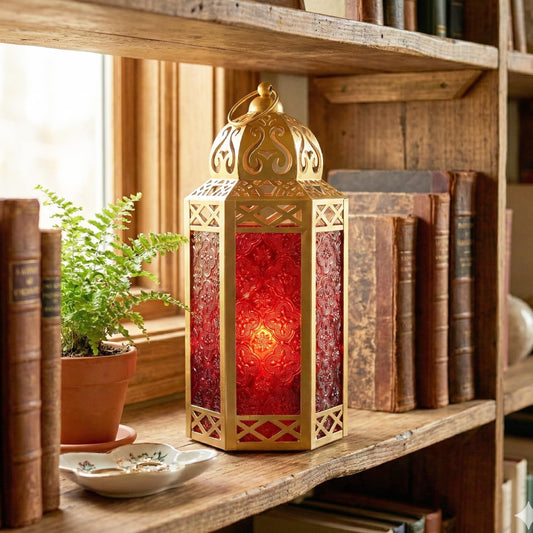 Gold Metal Decorative Moroccan Lantern Candle Holder Lamp - Indoor/Outdoor, Home Decor, Patio, Weddings, Christmas - Gold/Red Large - PT01