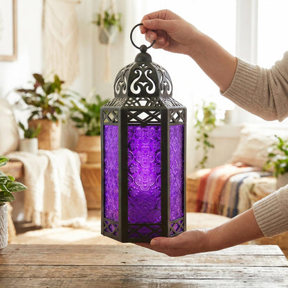 Metal Moroccan Decorative LED Fairy Lights Candle Lantern Holders for Indoor Home Fantasy Decor, Table Centerpieces, Outdoor Patio or Porch, Weddings, Medium - Purple Large - PT06