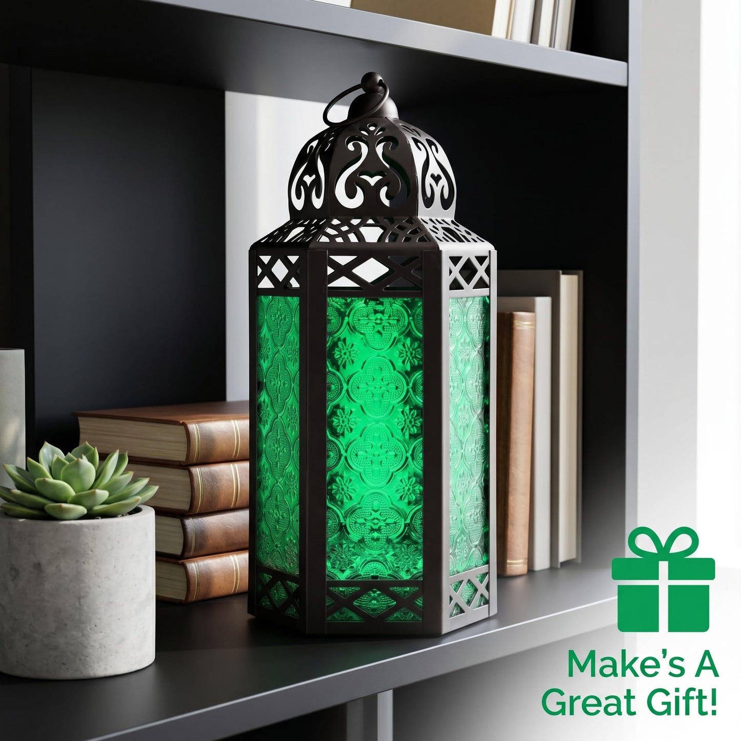Black Metal Decorative Moroccan Lantern Candle Holder Lamp - Indoor/Outdoor, Home Decor, Patio, Weddings, Christmas - Green Large - PT03