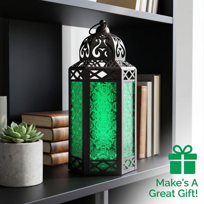 Black Metal Decorative Moroccan Lantern Candle Holder Lamp - Indoor/Outdoor, Home Decor, Patio, Weddings, Christmas - Green Large - PT03