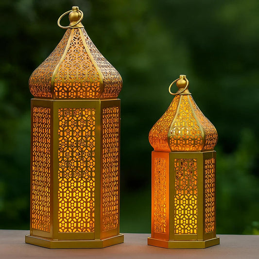 Tower Temple Moroccan Lantern Lamp Decorative Candle Holders - Gold Set of 2 - MAIN