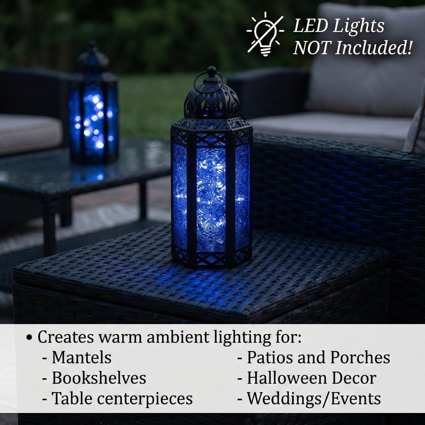 Black Metal Decorative Moroccan Lantern Candle Holder Lamp - Indoor/Outdoor, Home Decor, Patio, Weddings, Christmas - Cobalt Medium - PT08