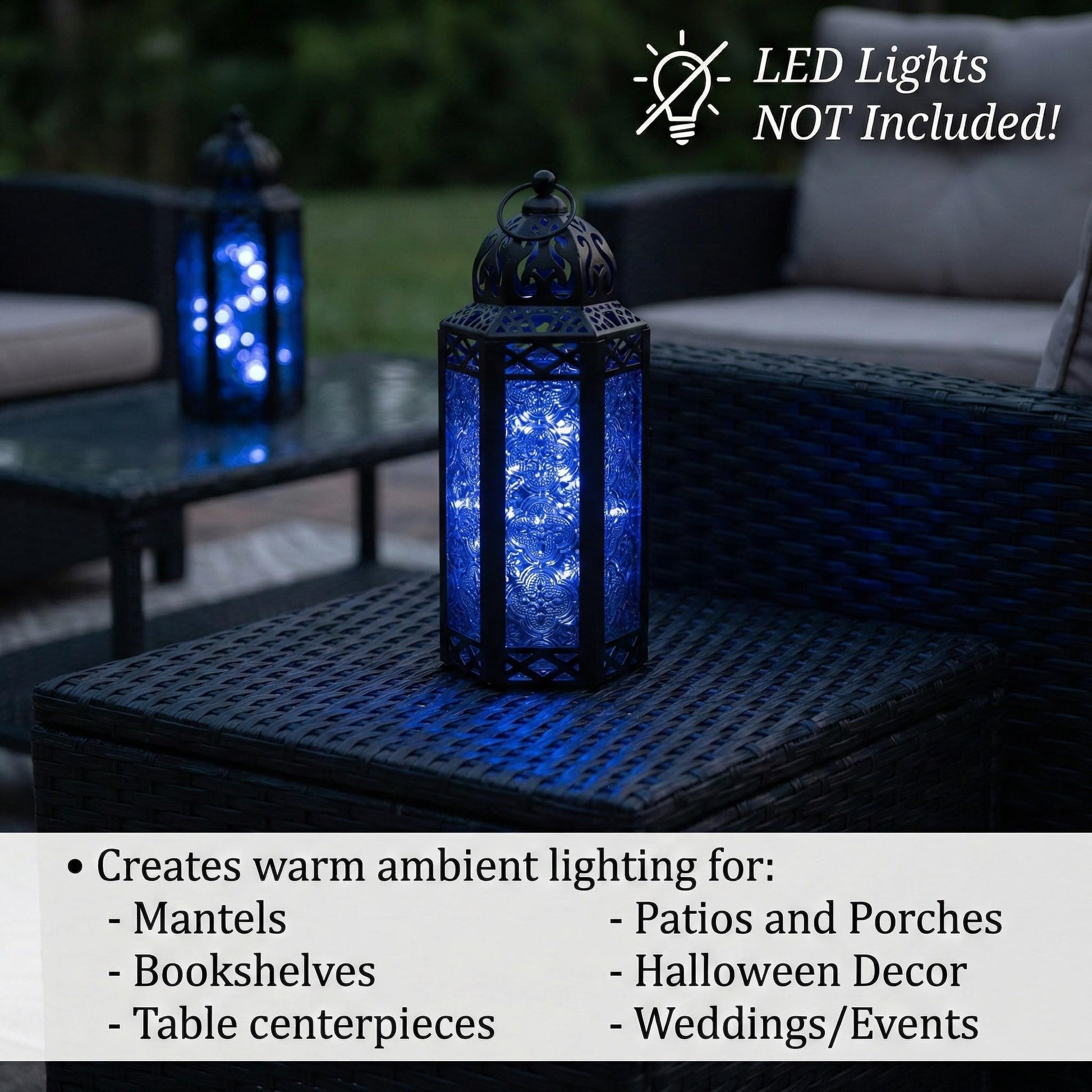 Black Metal Decorative Moroccan Lantern Candle Holder Lamp - Indoor/Outdoor, Home Decor, Patio, Weddings, Christmas - Cobalt Medium - PT08