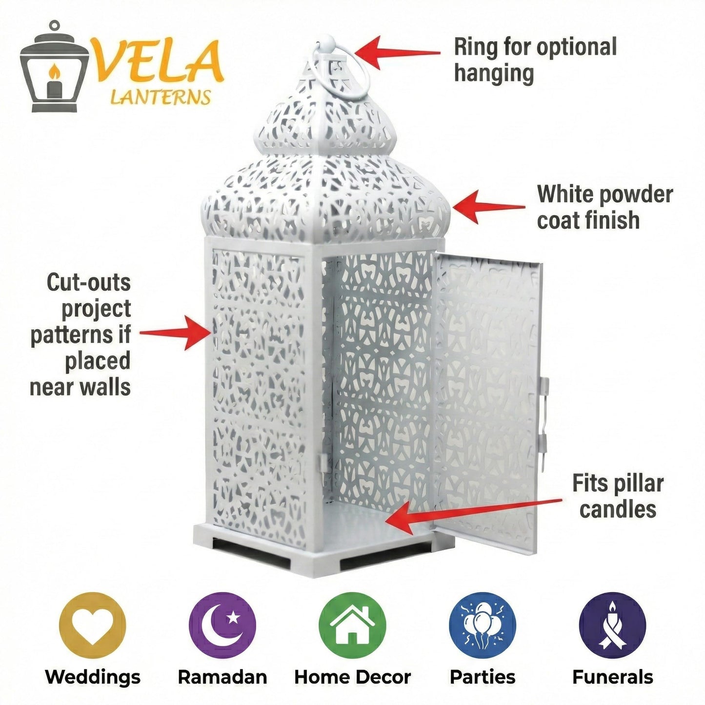 Large Temple Moroccan Lantern Lamp Decorative Candle Holders for Ramadan Decorations, Hanging, Outdoor Patio or Porch, Indoor Home Decor, Weddings, White, Set o - White 11" and 15" - PT04