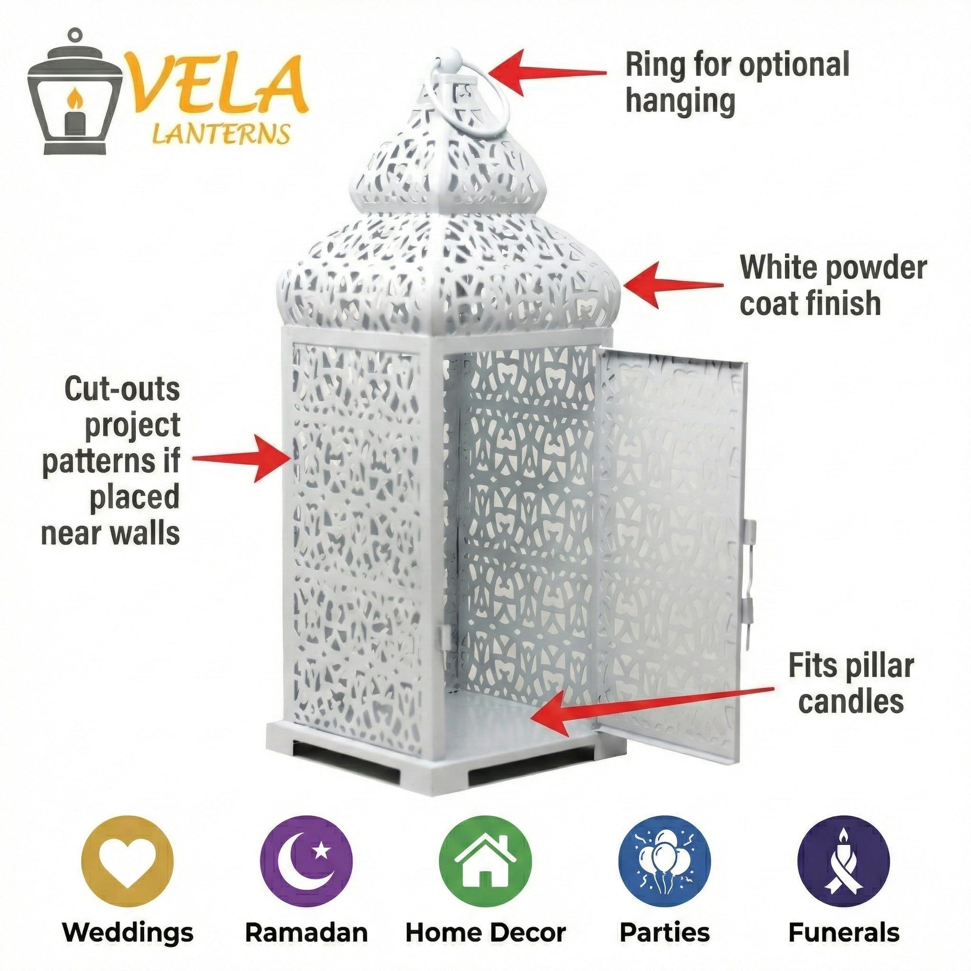 Large Temple Moroccan Lantern Lamp Decorative Candle Holders for Ramadan Decorations, Hanging, Outdoor Patio or Porch, Indoor Home Decor, Weddings, White, Set o - White 11" and 15" - PT04