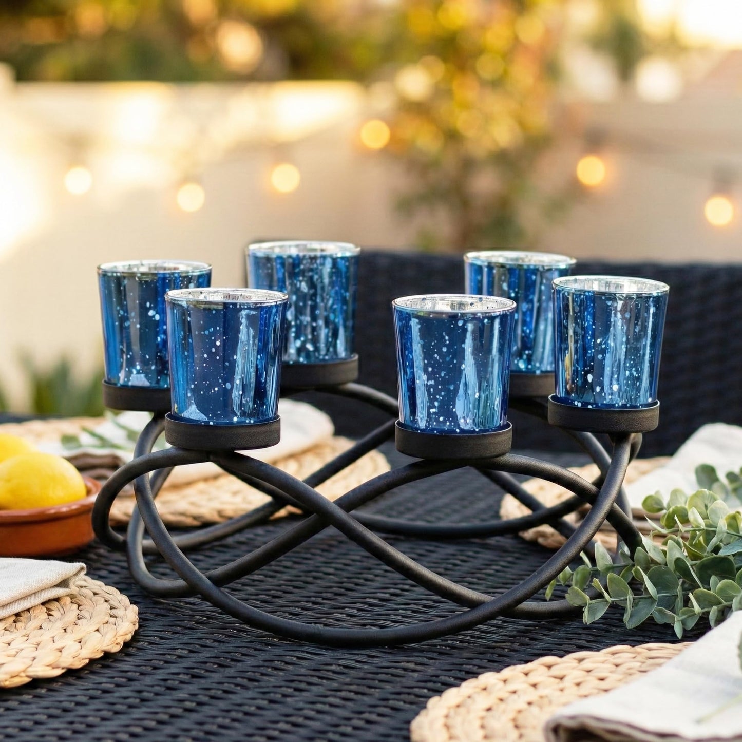 Iron Round Table Decor Centerpiece Decorations Candle Holder for Weddings, Outdoor Patio, Kitchen, Dining Room, and Coffee Tables, Glass Votive Tealight Holders - Black/Blue circular - PT06