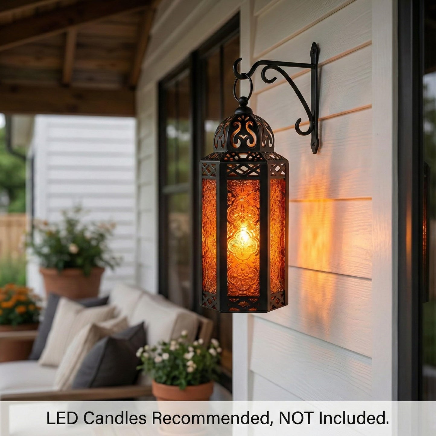 Black Metal Decorative Moroccan Lantern Candle Holder Lamp - Indoor/Outdoor, Home Decor, Patio, Weddings, Christmas - Amber Medium - PT02