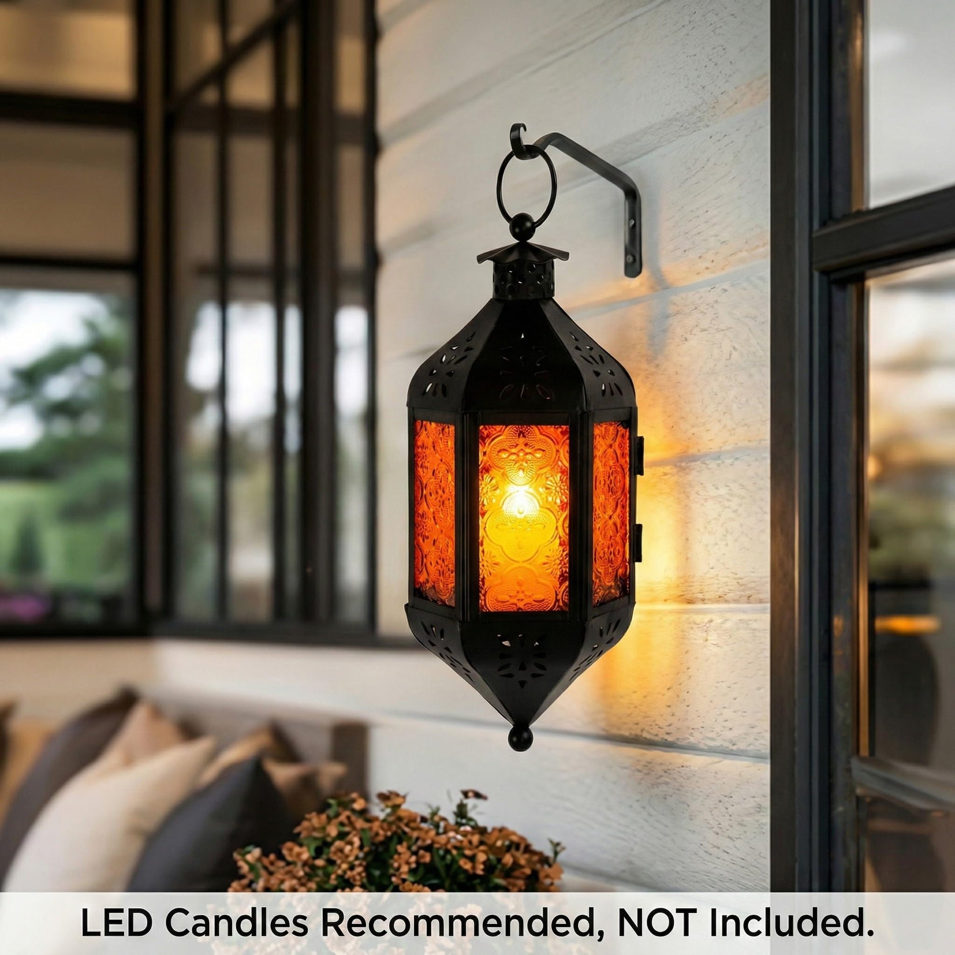 Hanging Moroccan Decorative Candle Lantern Holders for Outdoor Décor - Amber Orange Hanging - PT01