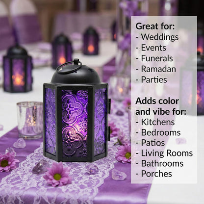 Mini Moroccan Tea Light Candle Holder Lanterns – 4.25" Small Decorative Lantern for Table or Hanging, Metal with Glass Panels – Ramadan, Wedding, Home Decor, Ro - Royal Purple 4 - PT02