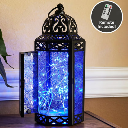 Metal Moroccan Decorative LED Fairy Lights Candle Lantern Holders for Indoor Home Fantasy Decor, Table Centerpieces, Outdoor Patio or Porch, Weddings, Medium - Cobalt Medium - PT02