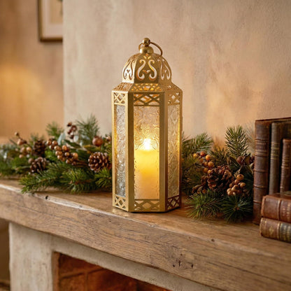 Gold Metal Decorative Moroccan Lantern Candle Holder Lamp - Indoor/Outdoor, Home Decor, Patio, Weddings, Christmas - Gold Medium - PT07