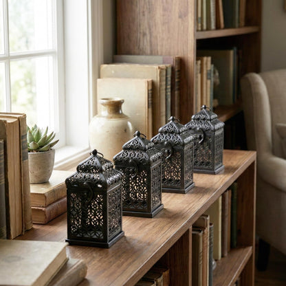 Mini Golden Tower Temple Moroccan Lantern Lamp Decorative Candle Holders for Ramadan Decorations, Hanging, Outdoor Patio or Porch, Indoor Home Decor, Set of 4 - Black Mini - PT07