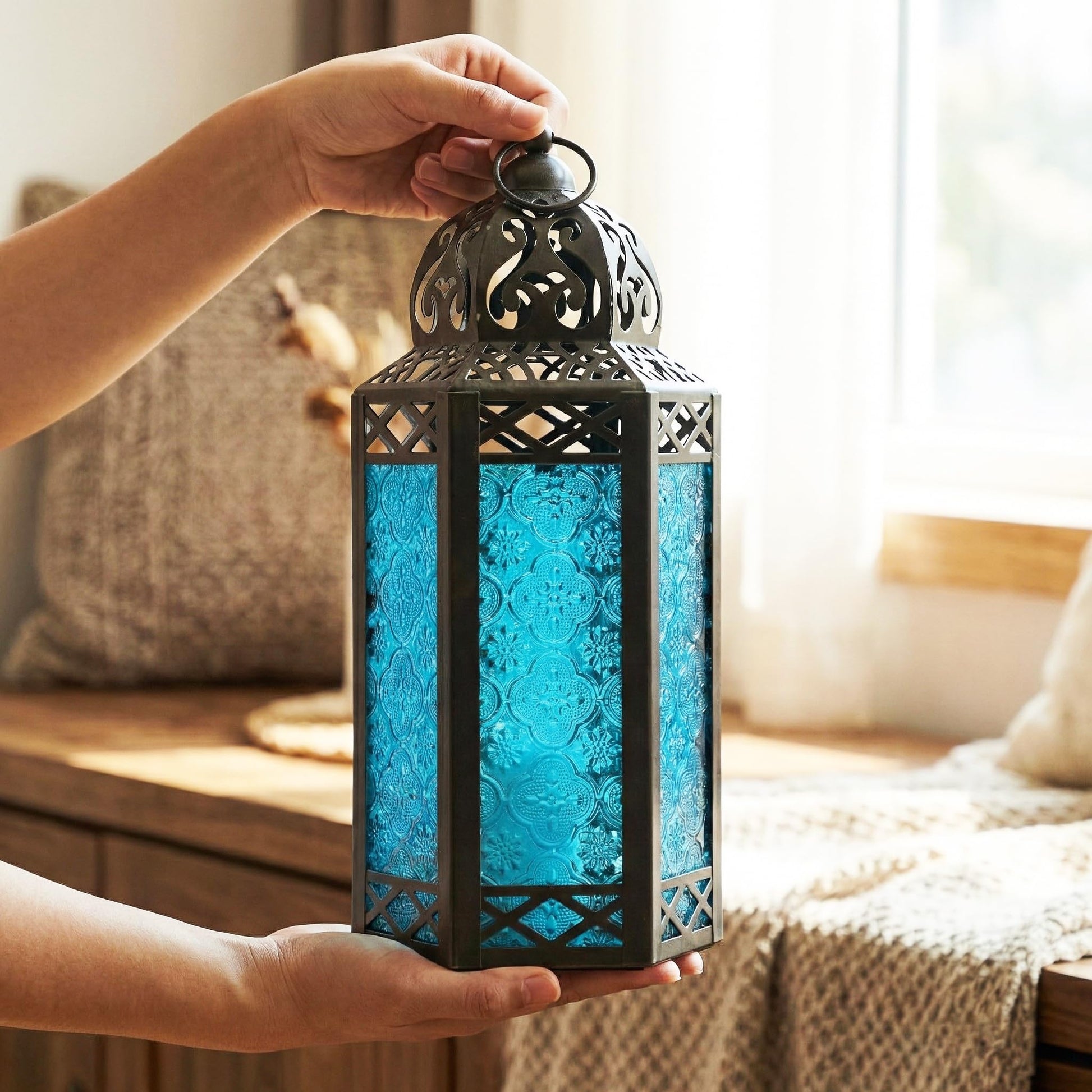 Metal Moroccan Decorative LED Fairy Lights Candle Lantern Holders for Indoor Home Fantasy Decor, Table Centerpieces, Outdoor Patio or Porch, Weddings, Medium - Blue Large - PT03
