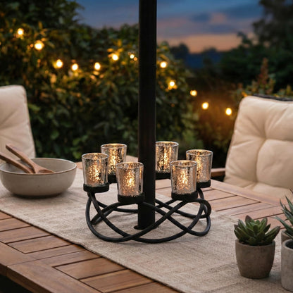 Iron Round Table Decor Christmas Centerpiece Decorations Candle Holder for Weddings, Outdoor Patio, Dining Room, and Coffee Tables, Glass Votive Tealight Holder - Black/Silver 6-Cup - PT03