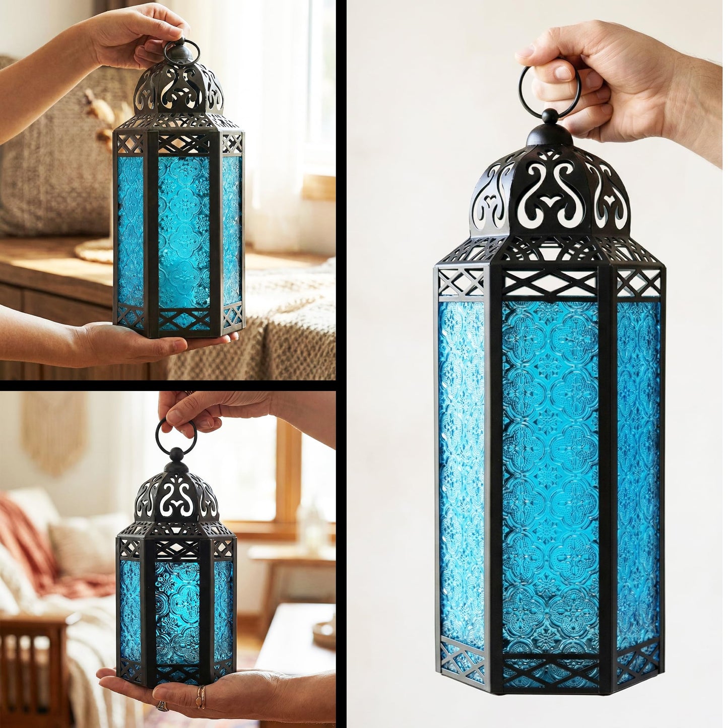 Set of 3 Blue Glass & Black Metal Moroccan Candle Lantern Holders (XL, Large, Small) - Decorative Indoor/Outdoor Decor for Patio, Floor, Weddings & Ramadan - Blue XL-LAR-SM - PT03