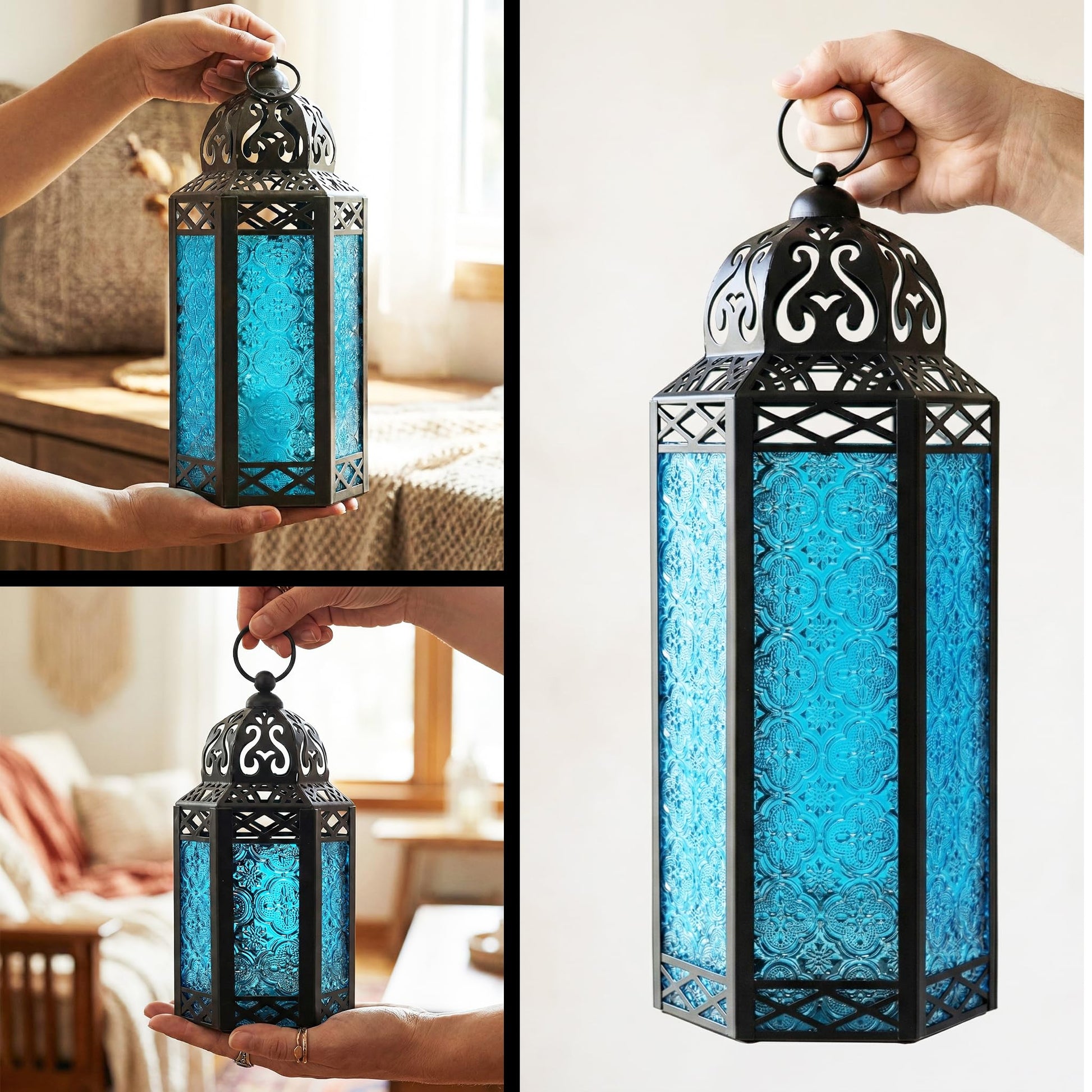 Set of 3 Blue Glass & Black Metal Moroccan Candle Lantern Holders (XL, Large, Small) - Decorative Indoor/Outdoor Decor for Patio, Floor, Weddings & Ramadan - Blue XL-LAR-SM - PT03