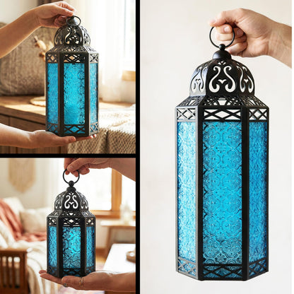 Set of 3 Blue Glass & Black Metal Moroccan Candle Lantern Holders (XL, Large, Small) - Decorative Indoor/Outdoor Decor for Patio, Floor, Weddings & Ramadan - Blue XL-LAR-SM - PT03