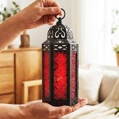 Metal Moroccan Decorative LED Fairy Lights Candle Lantern Holders for Indoor Home Fantasy Decor, Table Centerpieces, Outdoor Patio or Porch, Weddings, Medium - Red Medium - PT04