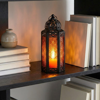 Black Metal Decorative Moroccan Lantern Candle Holder Lamp - Indoor/Outdoor, Home Decor, Patio, Weddings, Christmas - Amber Medium - PT01