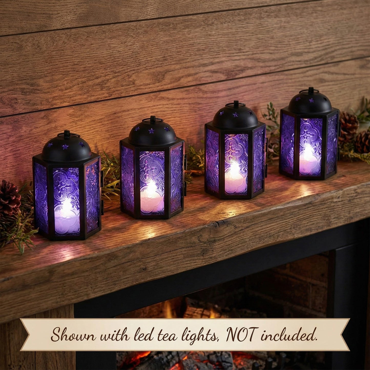 Mini Moroccan Tea Light Candle Holder Lanterns – 4.25" Small Decorative Lantern for Table or Hanging, Metal with Glass Panels – Ramadan, Wedding, Home Decor, Ro - Royal Purple 4 - PT08