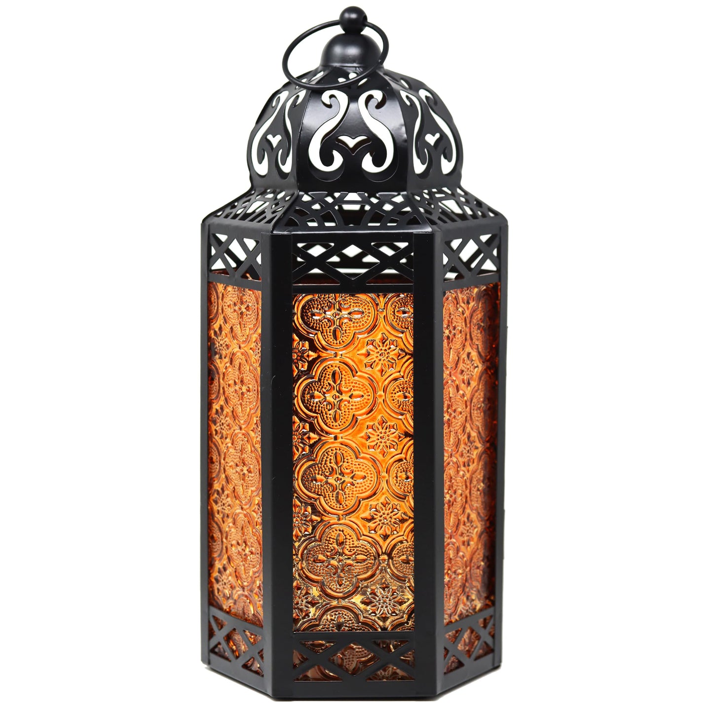 Black Metal Decorative Moroccan Lantern Candle Holder Lamp - Indoor/Outdoor, Home Decor, Patio, Weddings, Christmas - Amber Large - MAIN