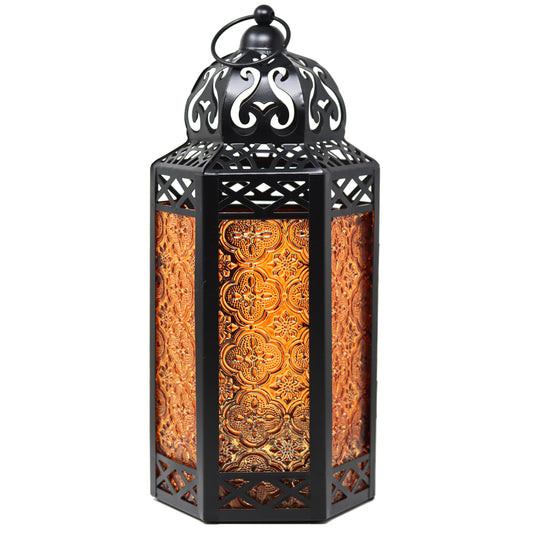 Black Metal Decorative Moroccan Lantern Candle Holder Lamp - Indoor/Outdoor, Home Decor, Patio, Weddings, Christmas - Amber Large - MAIN