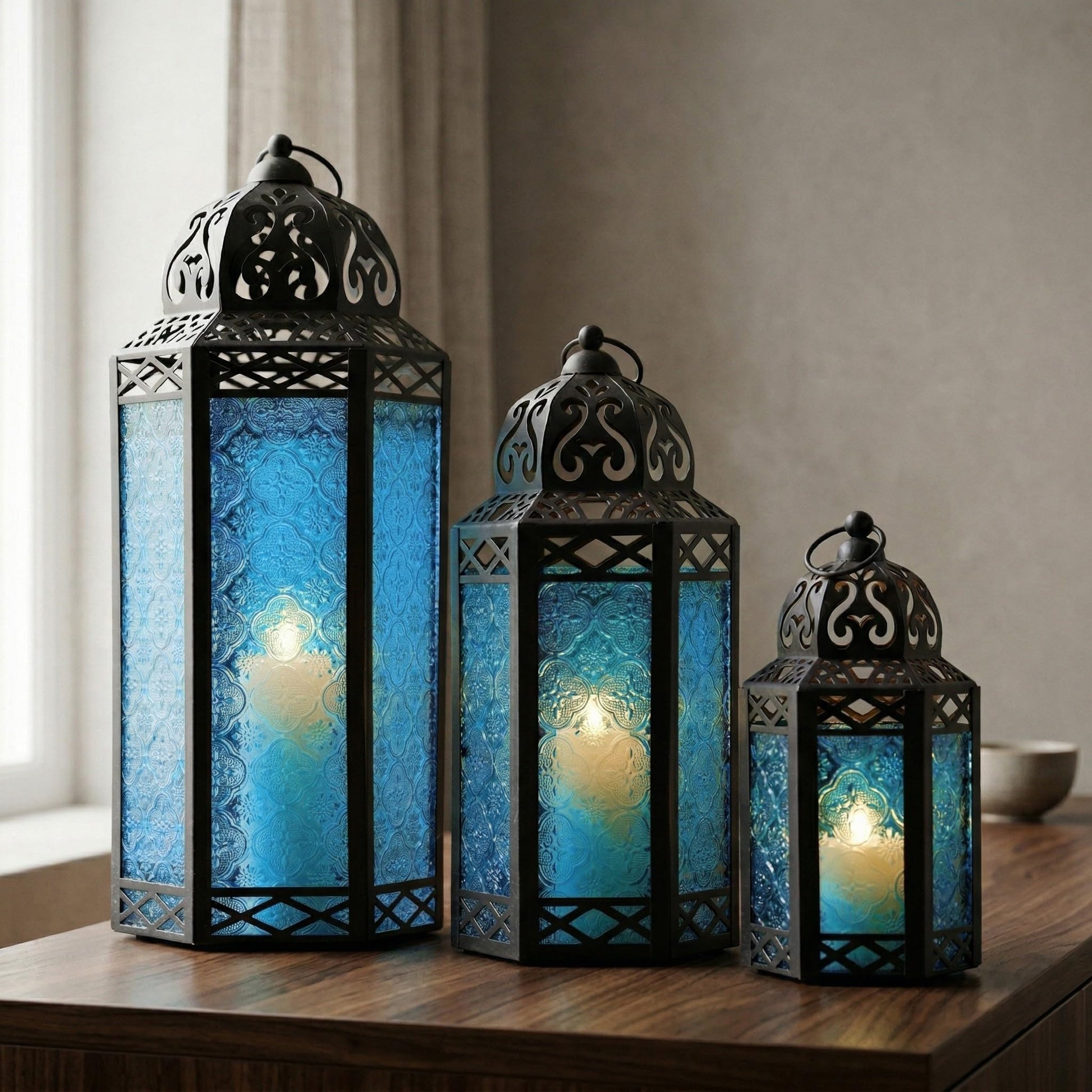 Set of 3 Blue Glass & Black Metal Moroccan Candle Lantern Holders (XL, Large, Small) - Decorative Indoor/Outdoor Decor for Patio, Floor, Weddings & Ramadan - Blue XL-LAR-SM - PT02