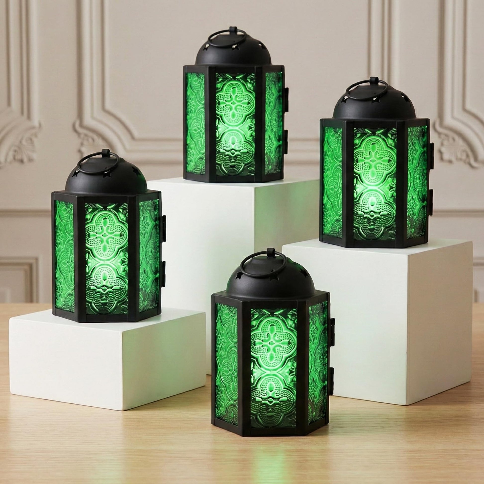 Mini Moroccan Tea Light Candle Holder Lanterns – 4.25" Small Decorative Lantern for Table or Hanging, Metal with Glass Panels – Ramadan, Wedding, Home Decor, Em - Emerald Green 4 - MAIN