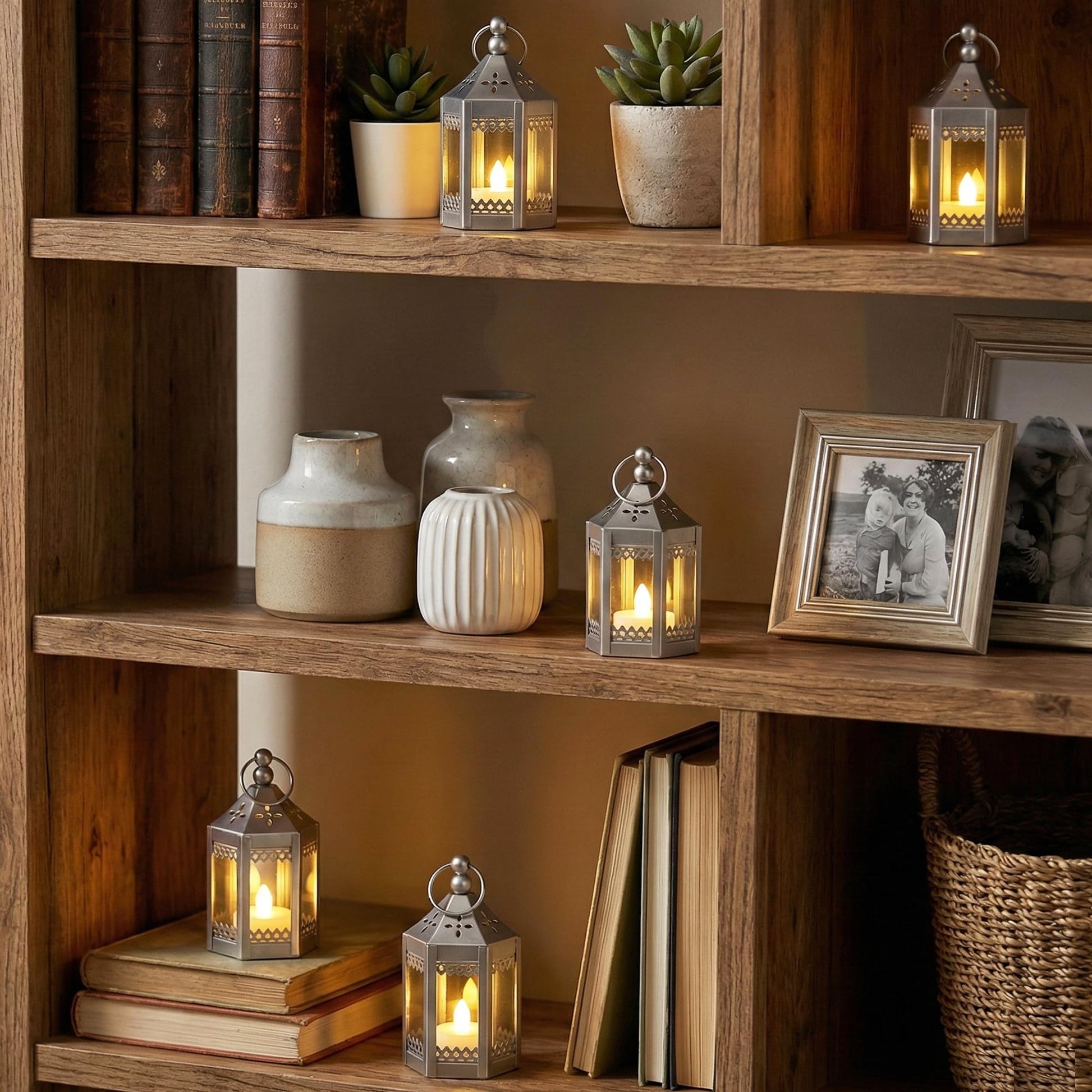 6pc Mini Small 4.5 Inch Metal Moroccan Lanterns Decorative Candle Tealight Holders for Centerpieces, Ramadan, Home Decor, Weddings, Silver - Silver Set of 6 - PT02