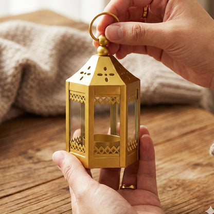 6pc Mini Small 4.5 Inch Metal Moroccan Lanterns Decorative Candle Tealight Holders for Centerpieces, Ramadan, Home Decor, Weddings, Gold - Gold Set of 6 - PT04