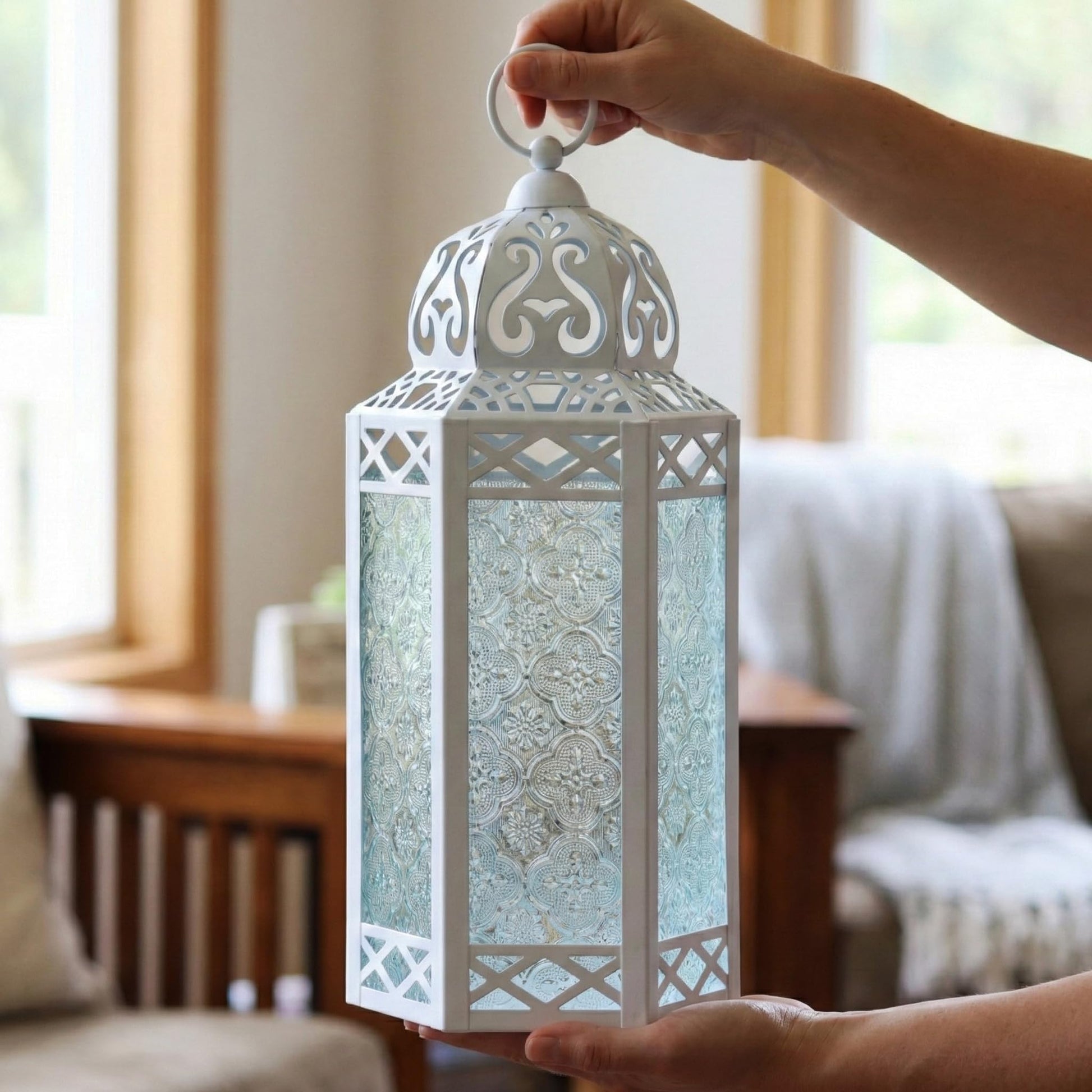 Black Metal Decorative Moroccan Lantern Candle Holder Lamp - Indoor/Outdoor, Home Decor, Patio, Weddings, Christmas - White/Clear Large - PT06