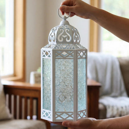Black Metal Decorative Moroccan Lantern Candle Holder Lamp - Indoor/Outdoor, Home Decor, Patio, Weddings, Christmas - White/Clear Large - PT06