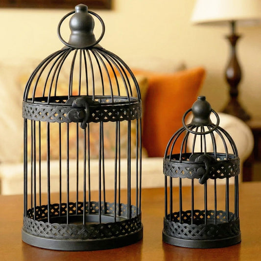Birdcage Candle Lantern Set - Black Large and Small - MAIN