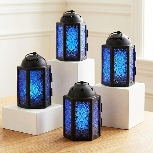 Mini Moroccan Tea Light Candle Holder Lanterns – 4.25" Small Decorative Lantern for Table or Hanging, Metal with Glass Panels – Ramadan, Wedding, Home Decor, Co - Cobalt Blue 4 - MAIN