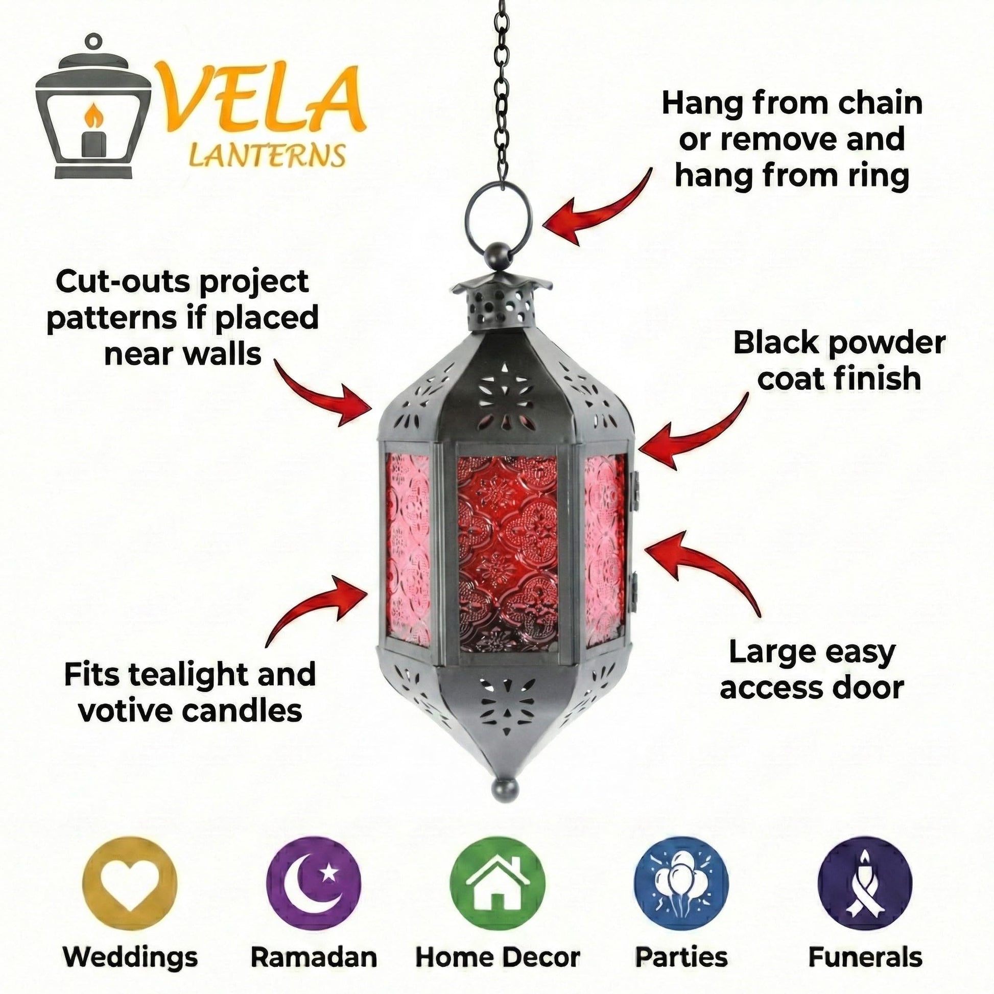 Hanging Moroccan Decorative Candle Lantern Holders for Outdoor Décor - Ruby Red Hanging - PT04