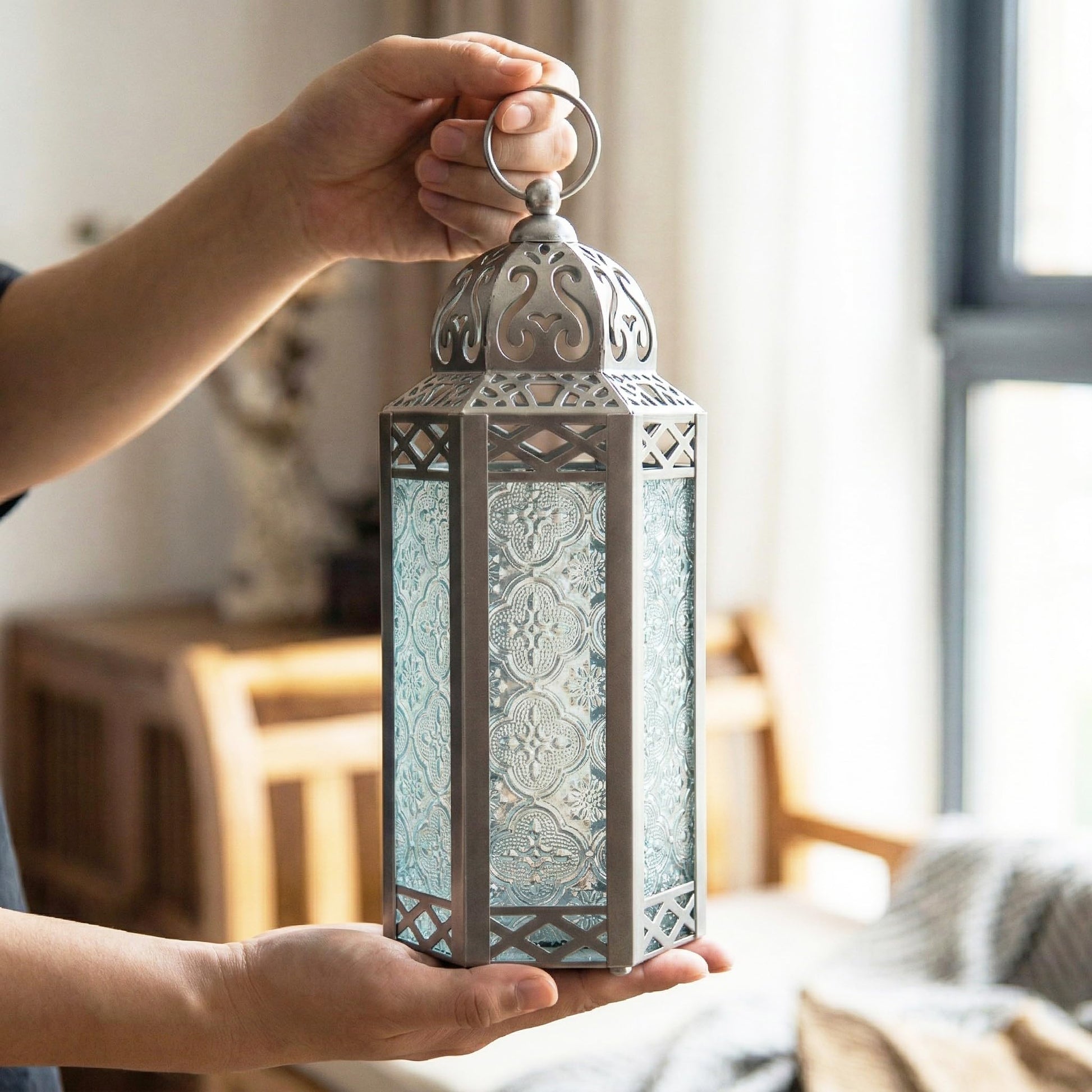 Black Metal Decorative Moroccan Lantern Candle Holder Lamp - Indoor/Outdoor, Home Decor, Patio, Weddings, Christmas - Silver Medium - PT03