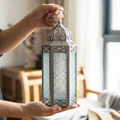 Black Metal Decorative Moroccan Lantern Candle Holder Lamp - Indoor/Outdoor, Home Decor, Patio, Weddings, Christmas - Silver Medium - PT03