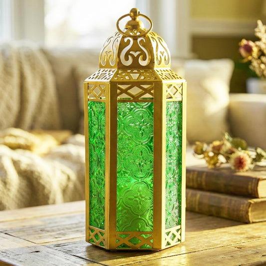 Gold Metal Decorative Moroccan Lantern Candle Holder Lamp - Indoor/Outdoor, Home Decor, Patio, Weddings, Christmas - Gold/Green Medium - MAIN