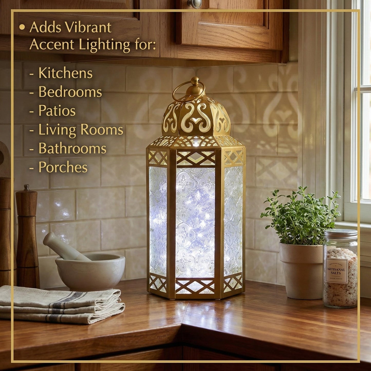 12” Gold Metal Moroccan Decorative Candle Lantern with White LED Twinkle Fairy Lights & Remote – Wedding Table Centerpieces, Ramadan, Indoor Home Decor, Outdoor - Gold Large - PT04