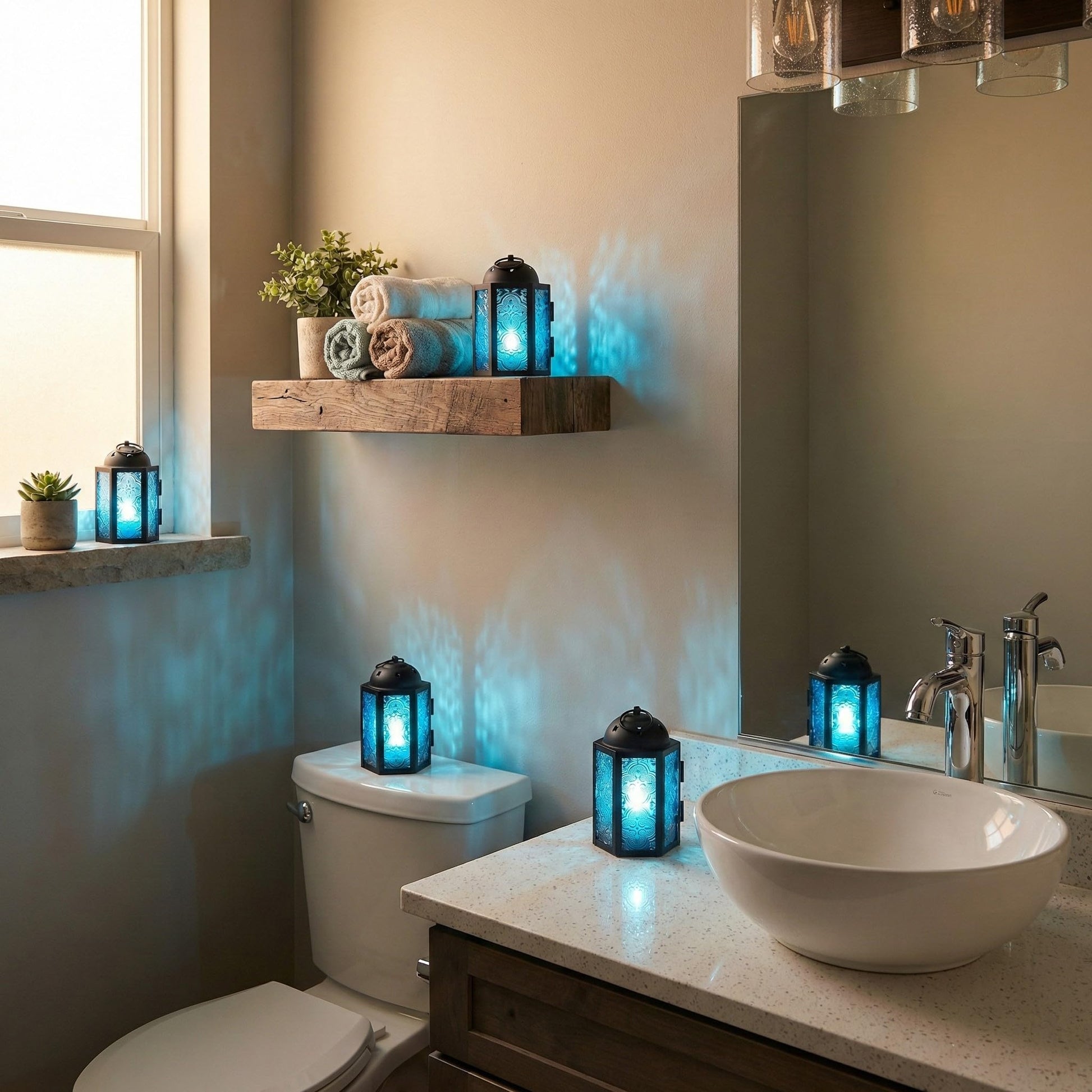 Mini Moroccan Tea Light Candle Holder Lanterns – 4.25" Small Decorative Lantern for Table or Hanging, Metal with Glass Panels – Ramadan, Wedding, Home Decor, Aq - Aqua Blue 4 - PT06