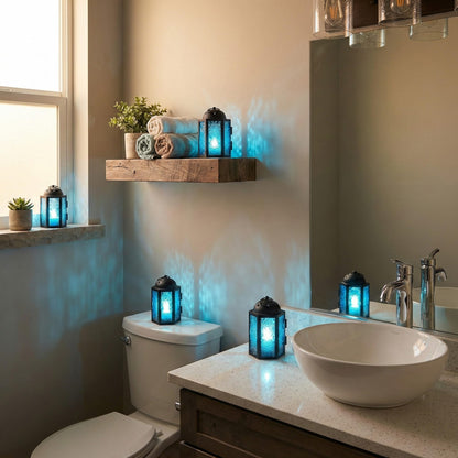 Mini Moroccan Tea Light Candle Holder Lanterns – 4.25" Small Decorative Lantern for Table or Hanging, Metal with Glass Panels – Ramadan, Wedding, Home Decor, Aq - Aqua Blue 4 - PT06