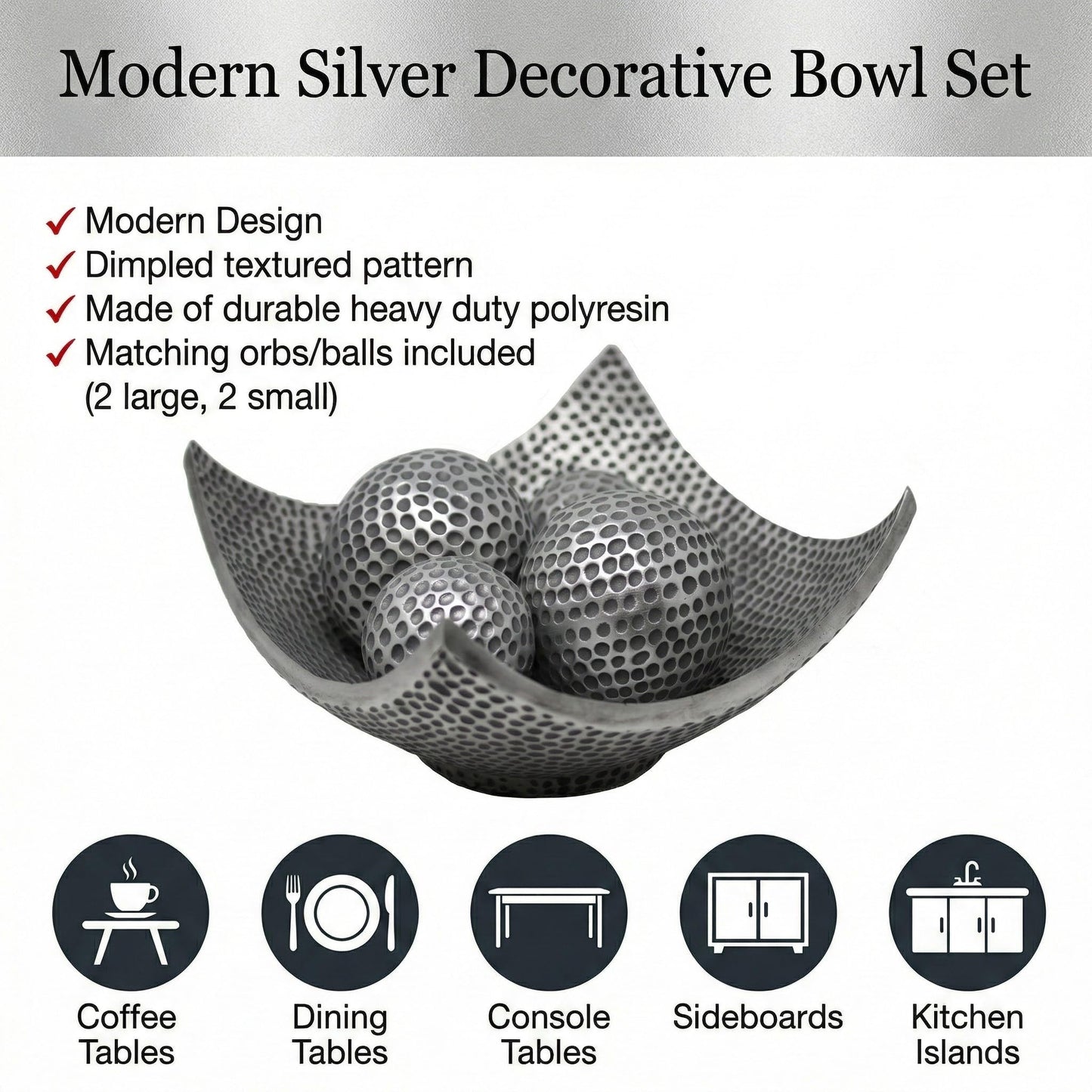 5pc Bowl Table Centerpieces for Dining Room, Large Decorative Bowls for Coffee Table Decor, Kitchen, Orbs/Balls Included, Silver - Silver Large - PT01