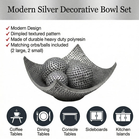 5pc Bowl Table Centerpieces for Dining Room, Large Decorative Bowls for Coffee Table Decor, Kitchen, Orbs/Balls Included, Silver - Silver Large - PT01