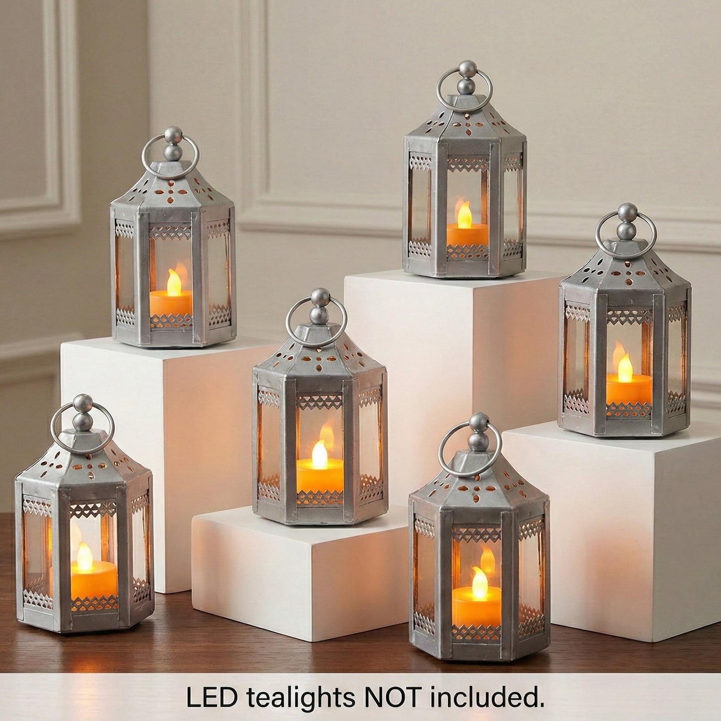 6pc Mini Small 4.5 Inch Metal Moroccan Lanterns Decorative Candle Tealight Holders for Centerpieces, Ramadan, Home Decor, Weddings, Silver - Silver Set of 6 - PT01