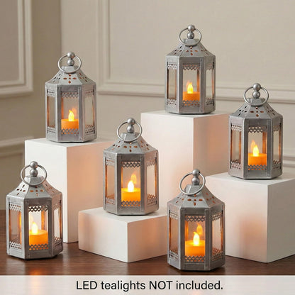 6pc Mini Small 4.5 Inch Metal Moroccan Lanterns Decorative Candle Tealight Holders for Centerpieces, Ramadan, Home Decor, Weddings, Silver - Silver Set of 6 - PT01