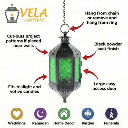 Hanging Moroccan Decorative Candle Lantern Holders for Outdoor Décor - Emerald Green Hanging - PT04