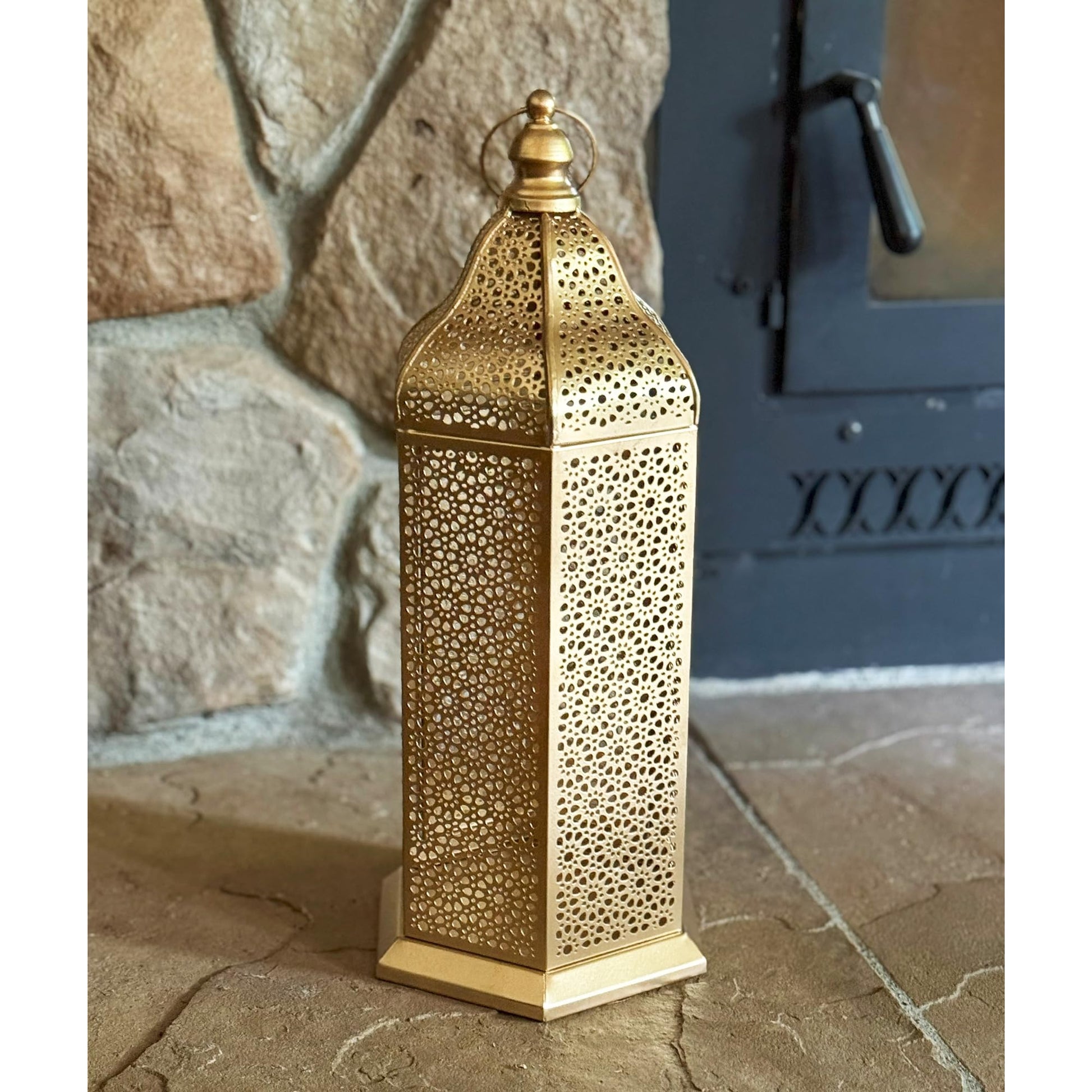 16" Champagne Gold Moroccan Decorative Candle Lantern – Metal Hexagon Lantern for Table or Hanging, Ramadan Turkish Islamic Decor, Wedding Centerpiece, Indoor H - Champagne Gold Extra Large - PT07